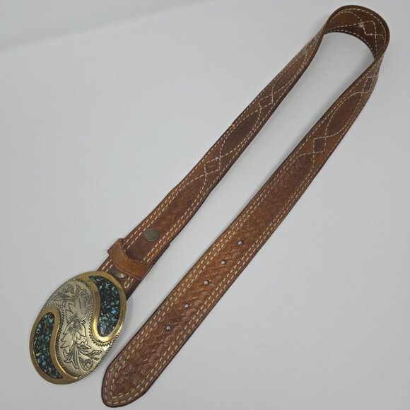 Triple K Tooled Leather Belt with German Silver and Turquoise Western Buckle 34 - Picture 7 of 13